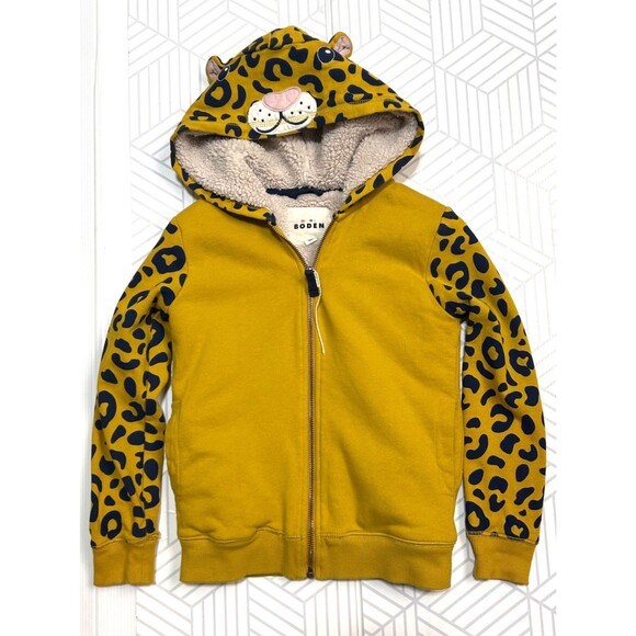 Mini Boden Kids size 7-8 Y Sherpa Lined Leopard Hoodie Cozy Warm Jacket Zip EUC - Picture 2 of 10